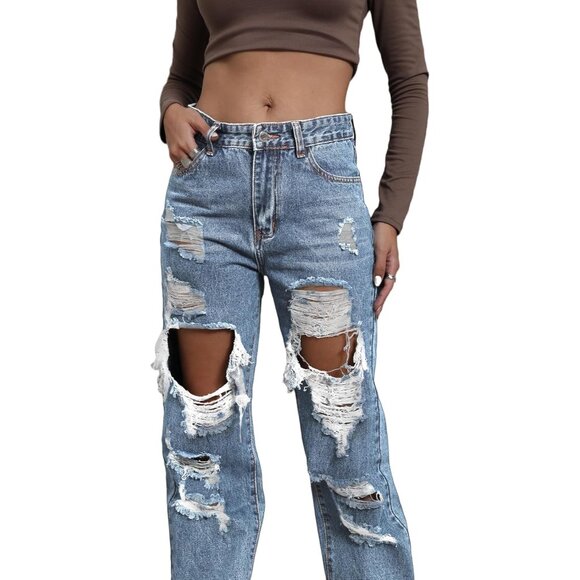 Women's Ripped High Waist Jeans Polyester Straight Leg Casual Y2K Pants - Picture 2 of 6